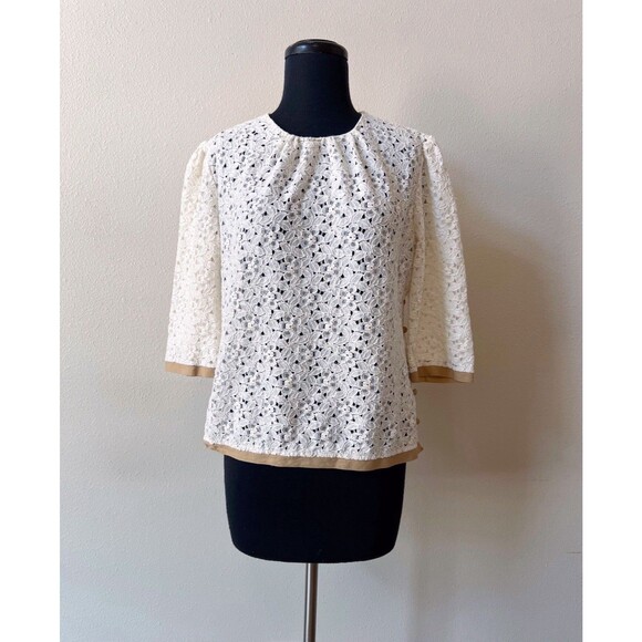 Milly White Floral Lace Top Size 12 Side Buttoned 3/4 Sleeves Cotton Blend - Picture 2 of 7